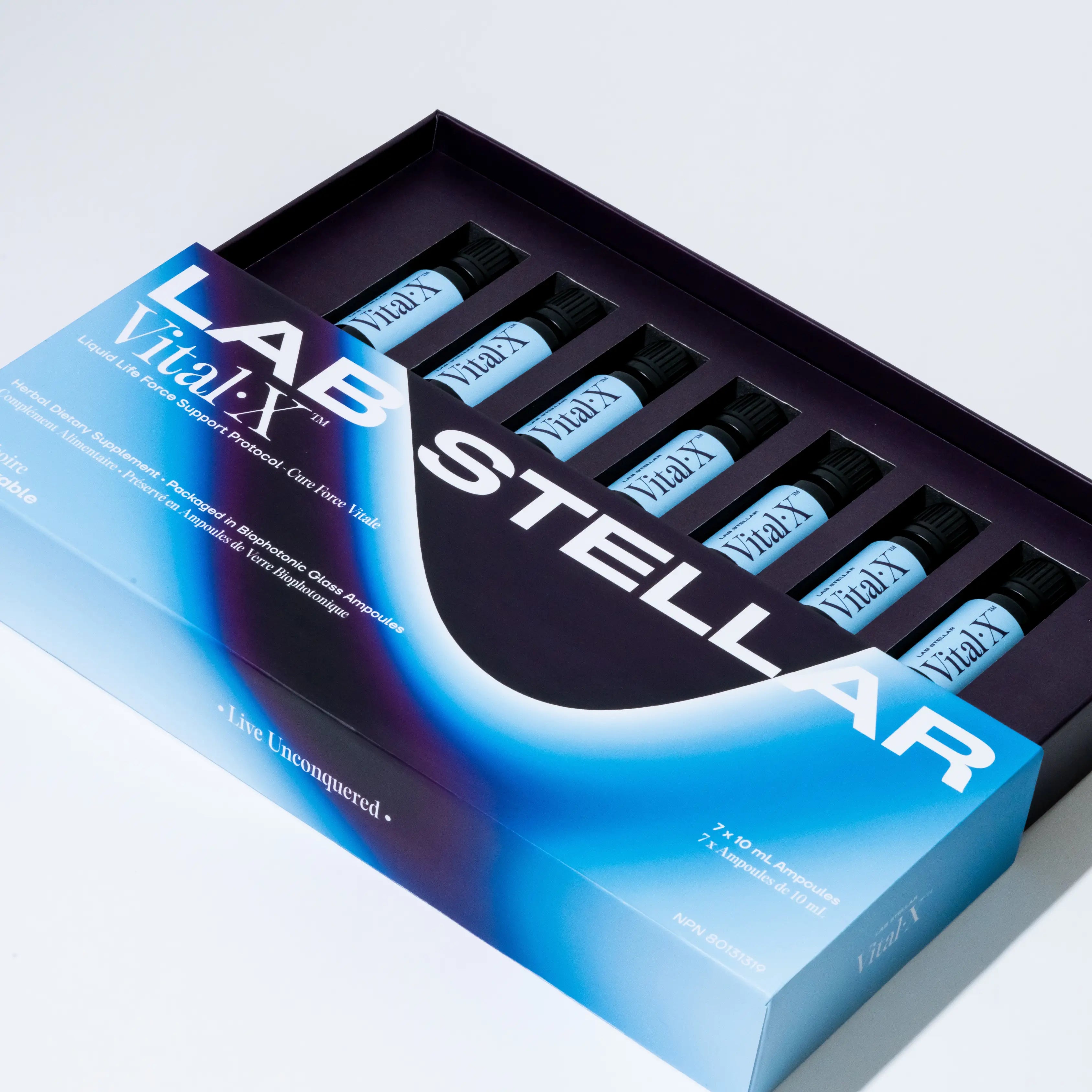 Vital·X flat lay featuring an opened box showcasing the 7 bottles.